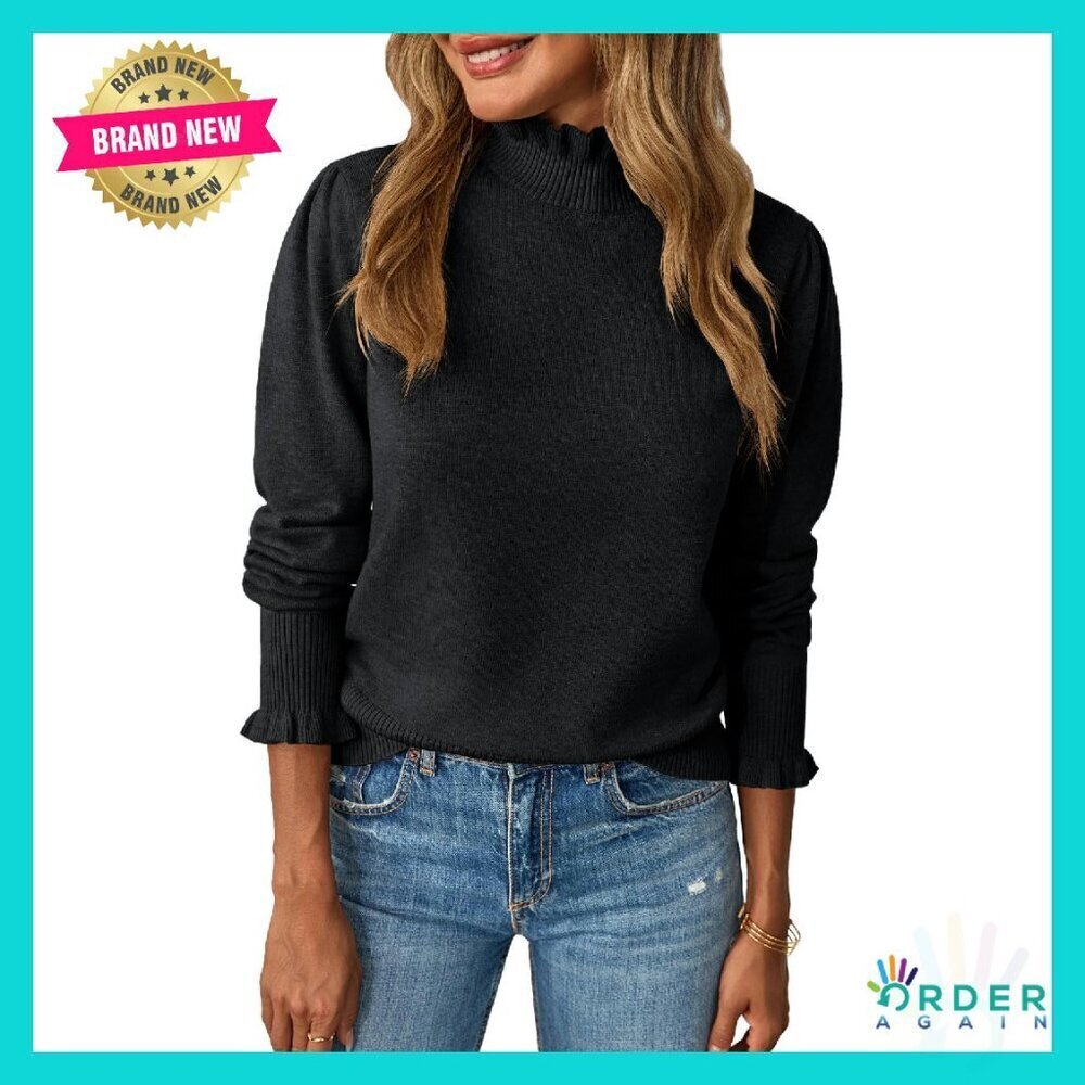 Ruffle Mock Neck Puff Sleeve Sweater Soft Knit Pullover Elegant Chic Fall